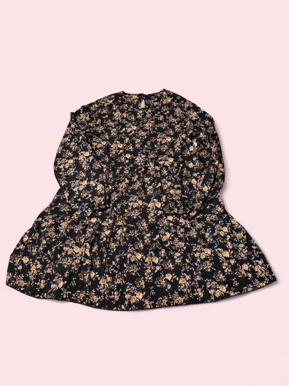 SHEIN Black Floral Tiered Dress with Beige and Cream Blooms